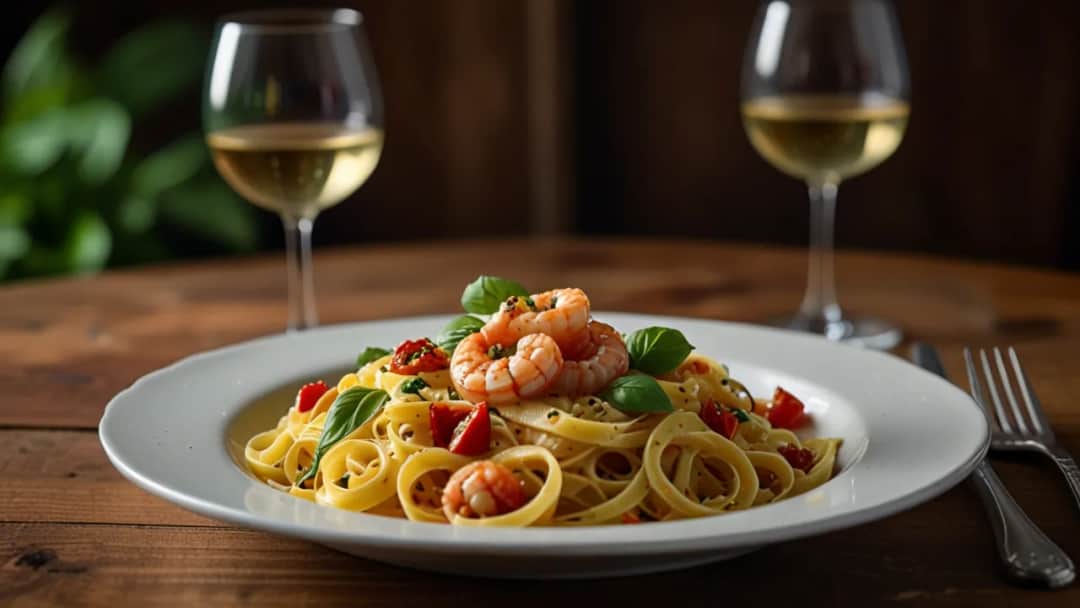 Makaron z krewetkami i suszonymi pomidorami: Szybki przepis na obiad